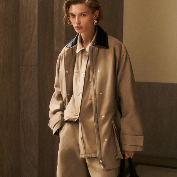 COS Field Jacket, Leather Collar, Size M – NWT BEIGE Zara Toteme Barbour CANVAS - Picture 1 of 14